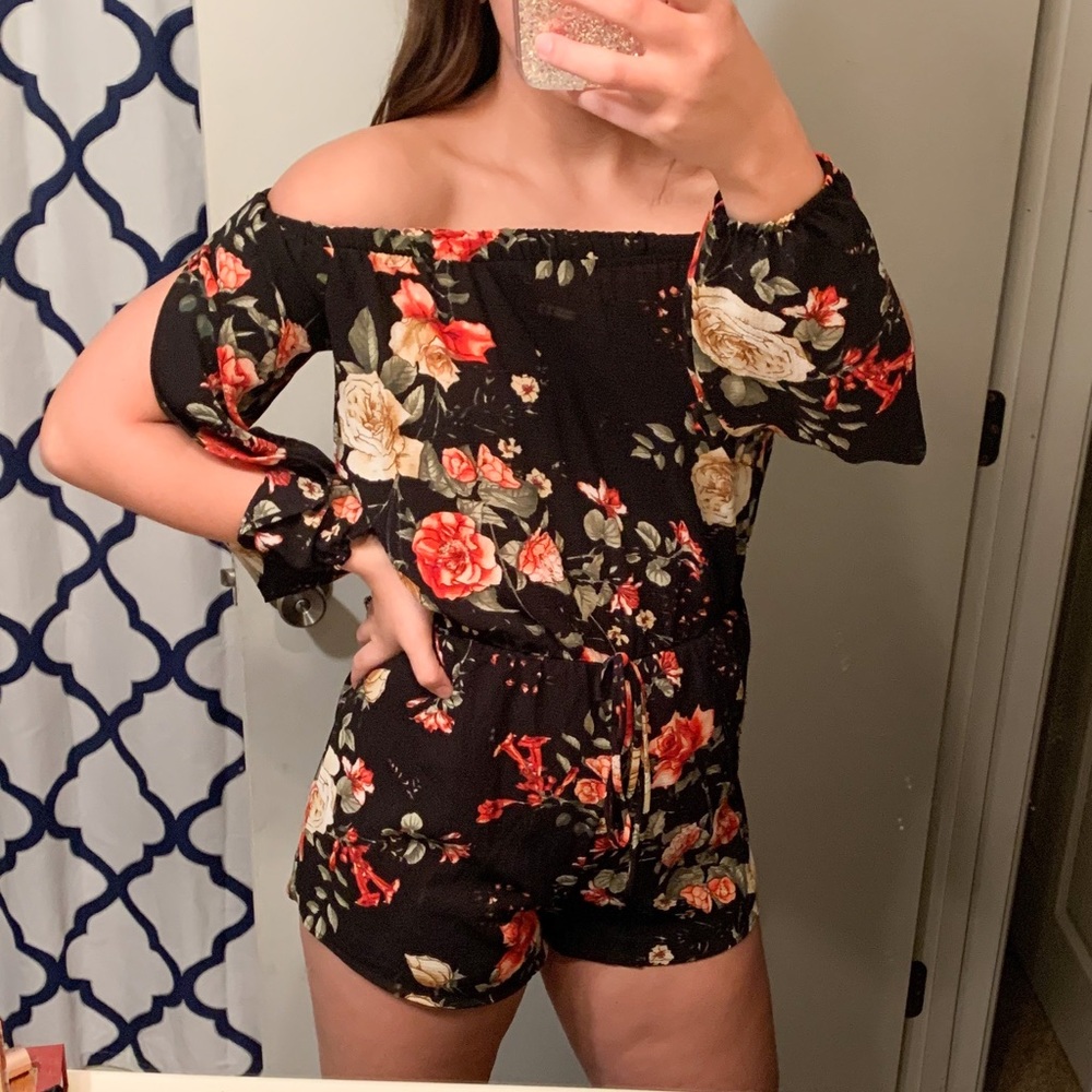 rose print off the shoulder romper
